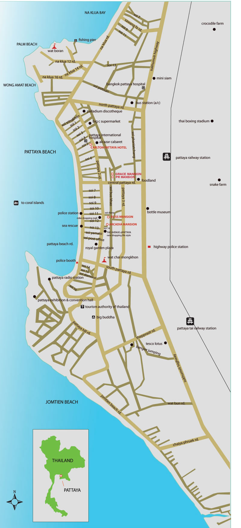 Map of Pattaya showing location of Grace Mansion